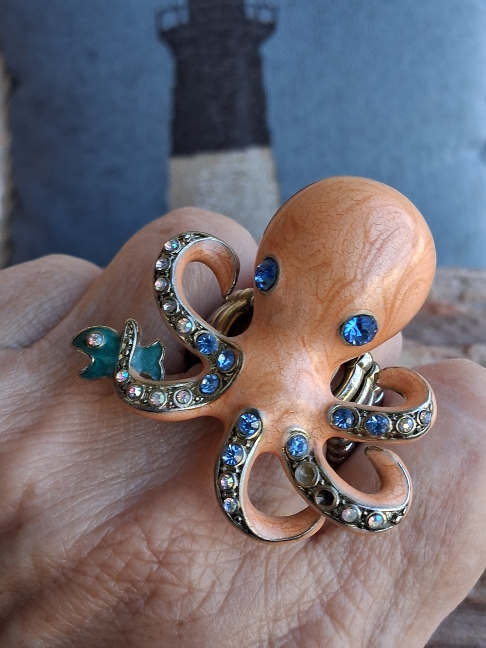 Octopus Stretch Ring with Blue Rhinestones - Picture 4 of 7